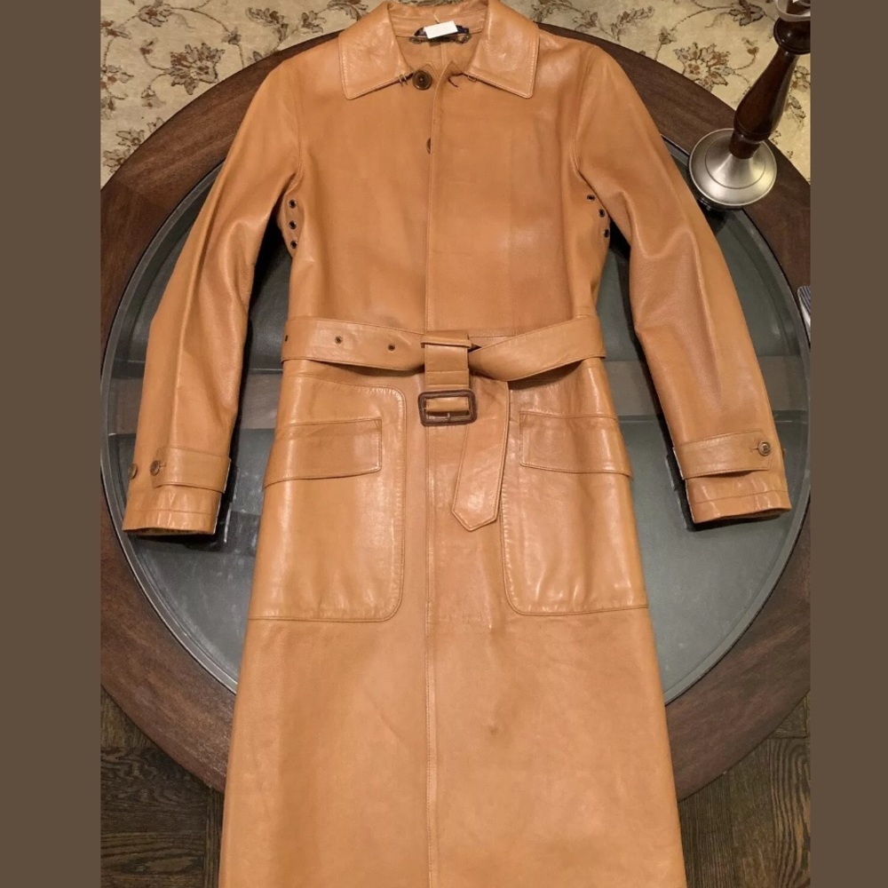 Ralph Lauren Sz M 100% Leather Belted Coat Saddle